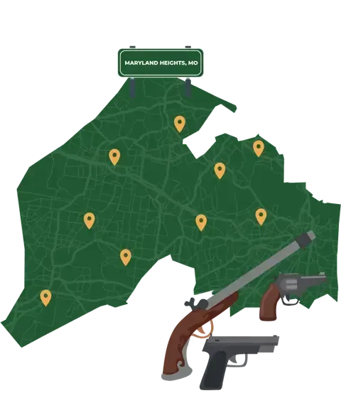 Picture of Maryland Heights, Missouri City Map with Maryland Heights sign on it and places that we buy guns from.
