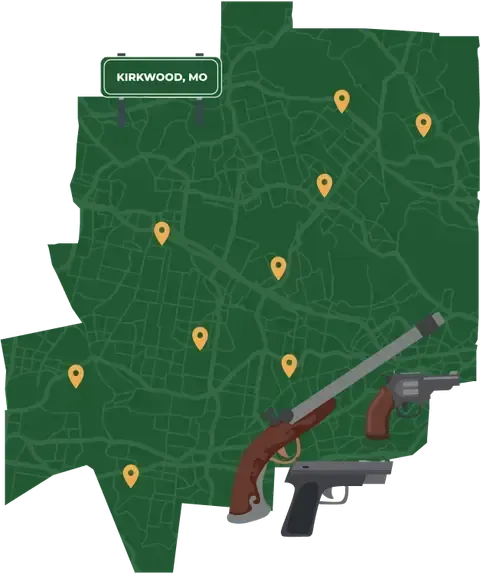 Picture of Kirkwood, Missouri City Map with Kirkwood sign on it and places that we buy guns from.