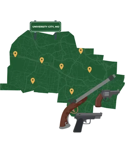 Picture of University City, Missouri City Map with University City sign on it and places that we buy guns from.