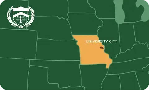 State map with University City, Missouri highlighted, showing that Cash for Arms purchases guns in University City