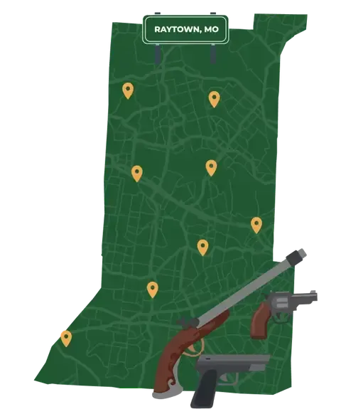 Picture of Raytown, Missouri City Map with Raytown sign on it and places that we buy guns from.