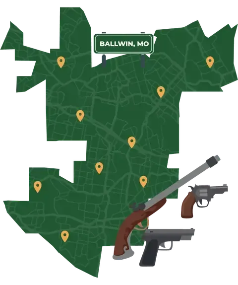 Picture of Ballwin, Missouri City Map with Ballwin sign on it and places that we buy guns from.