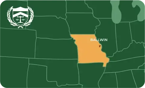 State map with Ballwin, Missouri highlighted, showing that Cash for Arms purchases guns in Ballwin