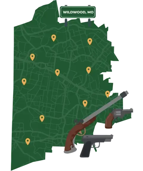 Picture of Wildwood, Missouri City Map with Wildwood sign on it and places that we buy guns from.