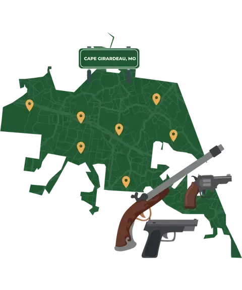 Picture of Cape Girardeau, Missouri City Map with Cape Girardeau sign on it and places that we buy guns from.