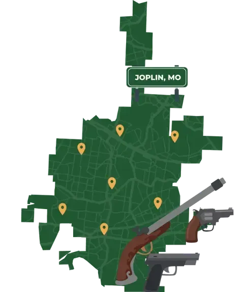 Picture of Joplin, Missouri City Map with Joplin sign on it and places that we buy guns from.