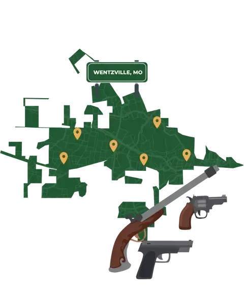 Picture of Wentzville, Missouri City Map with Wentzville sign on it and places that we buy guns from.