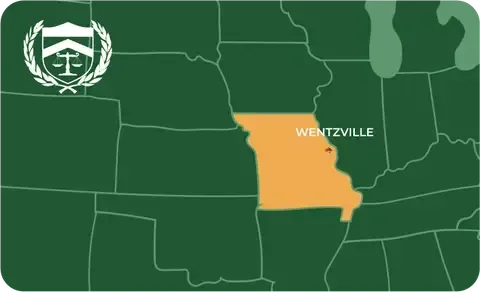 State map with Wentzville, Missouri highlighted, showing that Cash for Arms purchases guns in Wentzville