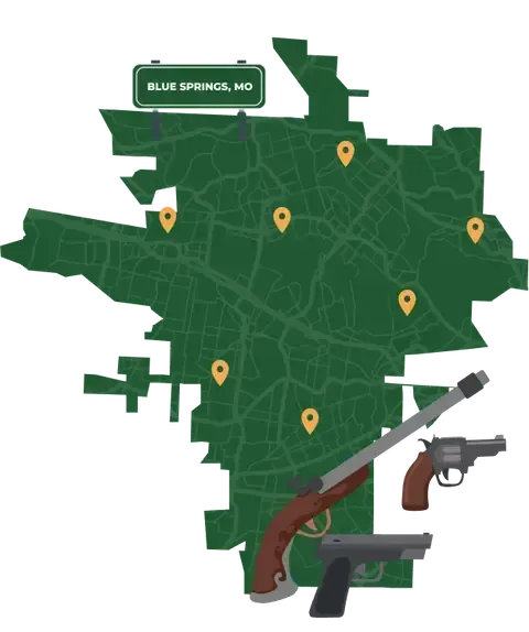 Picture of Blue Springs, Missouri City Map with Blue Springs sign on it and places that we buy guns from.
