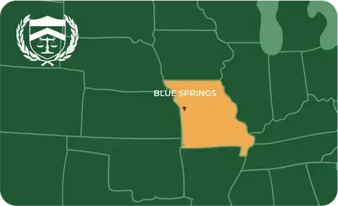State map with Blue Springs, Missouri highlighted, showing that Cash for Arms purchases guns in Blue Springs