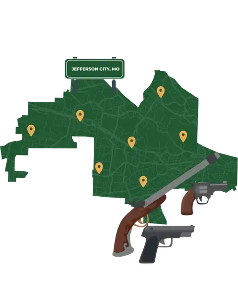 Picture of Jefferson City, Missouri City Map with Jefferson City sign on it and places that we buy guns from.