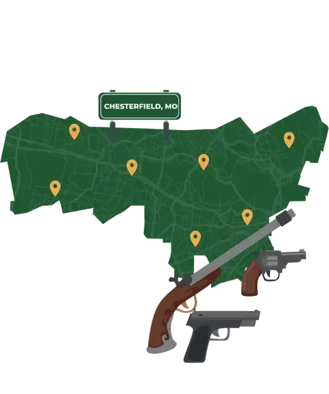 Picture of Chesterfield, Missouri City Map with Chesterfield sign on it and places that we buy guns from.