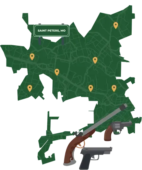 Picture of Saint Peters, Missouri City Map with Saint Peters sign on it and places that we buy guns from.