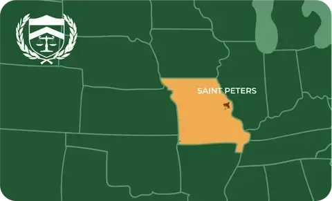 State map with Saint Peters, Missouri highlighted, showing that Cash for Arms purchases guns in Saint Peters