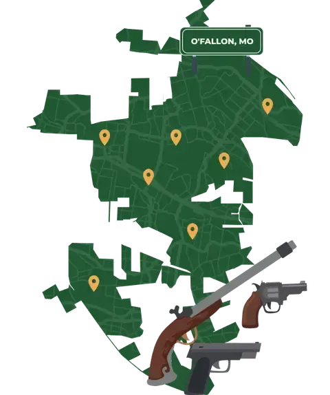 Picture of O'Fallon, Missouri City Map with O'Fallon sign on it and places that we buy guns from.