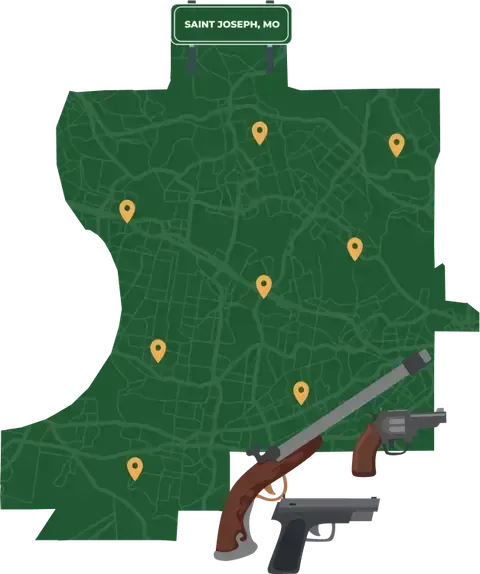 Picture of Saint Joseph, Missouri City Map with Saint Joseph sign on it and places that we buy guns from.
