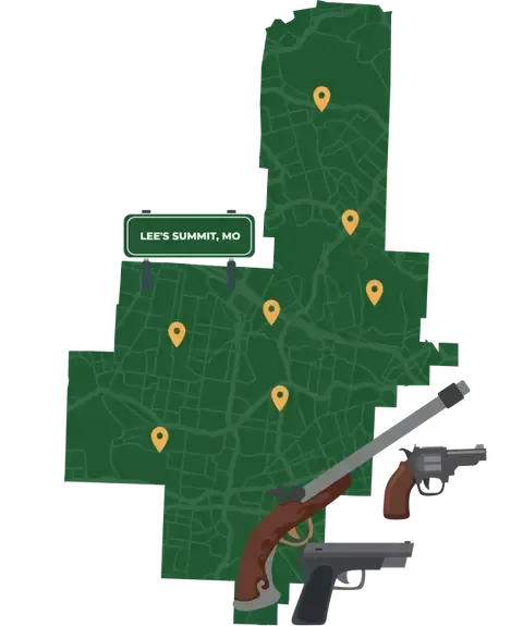 Picture of Lee's Summit, Missouri City Map with Lee's Summit sign on it and places that we buy guns from.