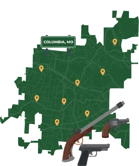 Picture of Columbia, Missouri City Map with Columbia sign on it and places that we buy guns from.