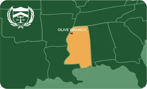 State map with Olive Branch, Mississippi highlighted, showing that Cash for Arms purchases guns in Olive Branch