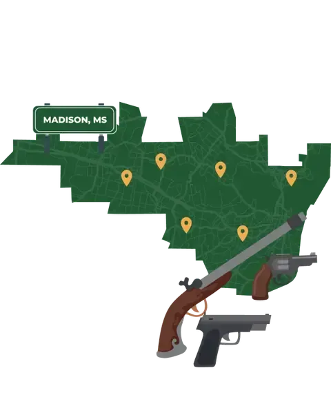 Picture of Madison, Mississippi City Map with Madison sign on it and places that we buy guns from.