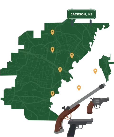 Picture of Jackson, Mississippi City Map with Jackson sign on it and places that we buy guns from.