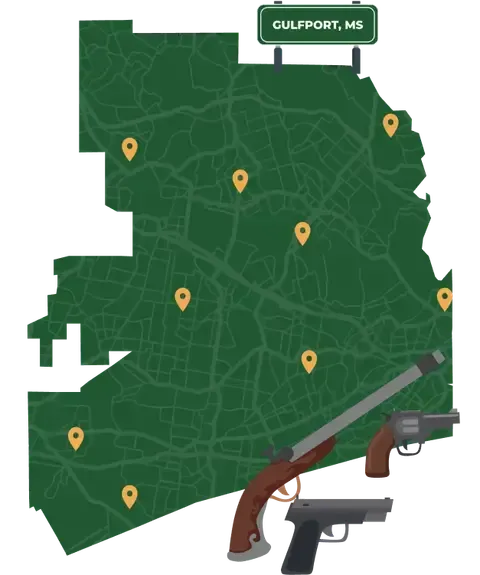 Picture of Gulfport, Mississippi City Map with Gulfport sign on it and places that we buy guns from.
