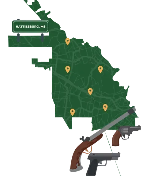 Picture of Hattiesburg, Mississippi City Map with Hattiesburg sign on it and places that we buy guns from.