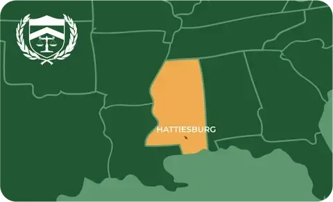 State map with Hattiesburg, Mississippi highlighted, showing that Cash for Arms purchases guns in Hattiesburg