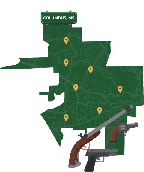 Picture of Columbus, Mississippi City Map with Columbus sign on it and places that we buy guns from.