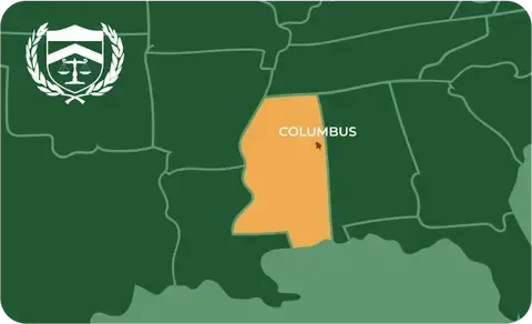 State map with Columbus, Mississippi highlighted, showing that Cash for Arms purchases guns in Columbus