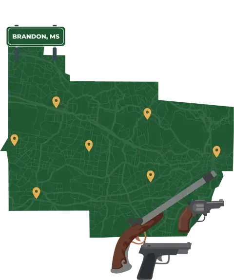 Picture of Brandon, Mississippi City Map with Brandon sign on it and places that we buy guns from.