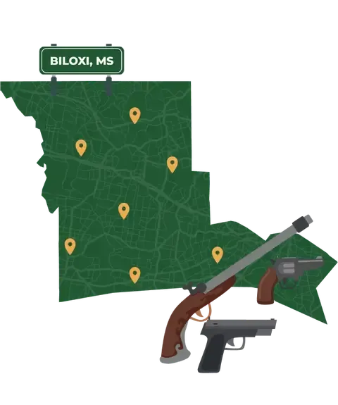 Picture of Biloxi, Mississippi City Map with Biloxi sign on it and places that we buy guns from.