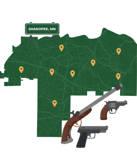 Picture of Shakopee, Minnesota City Map with Shakopee sign on it and places that we buy guns from.
