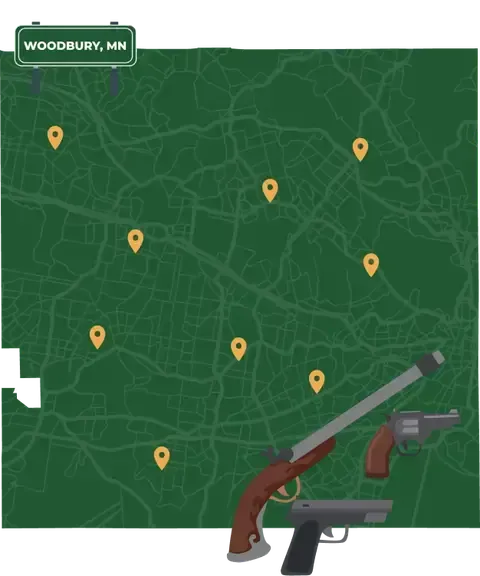 Picture of Woodbury, Minnesota City Map with Woodbury sign on it and places that we buy guns from.