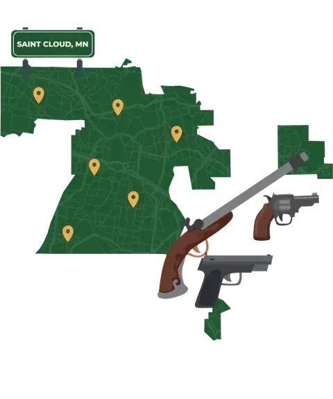 Picture of Saint Cloud, Minnesota City Map with Saint Cloud sign on it and places that we buy guns from.