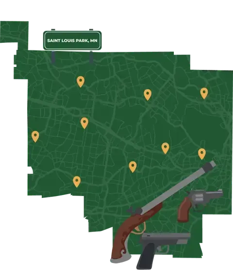 Picture of Saint Louis Park, Minnesota City Map with Saint Louis Park sign on it and places that we buy guns from.