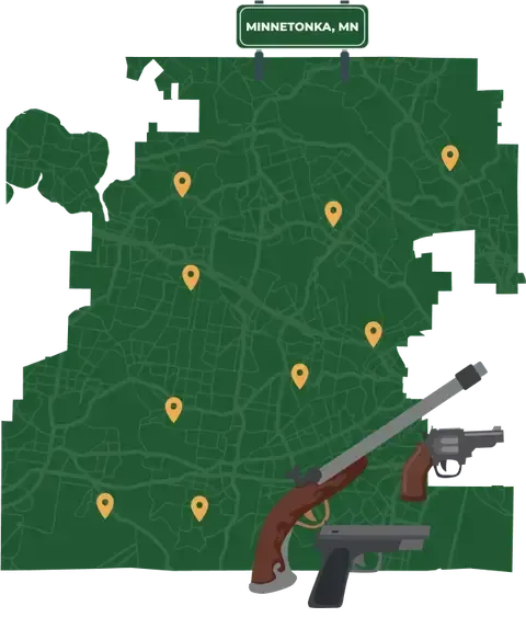 Picture of Minnetonka, Minnesota City Map with Minnetonka sign on it and places that we buy guns from.