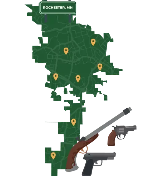 Picture of Rochester, Minnesota City Map with Rochester sign on it and places that we buy guns from.