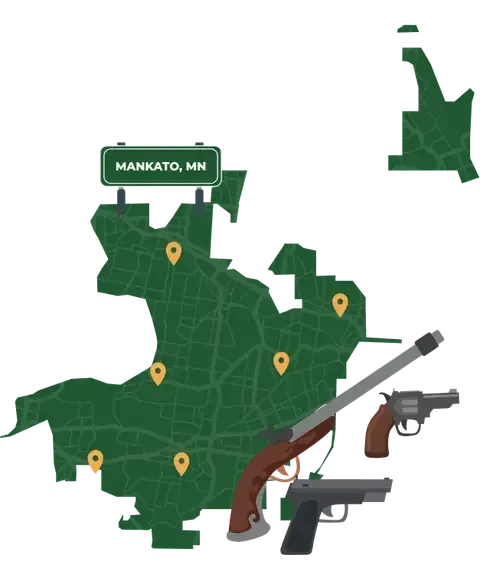 Picture of Mankato, Minnesota City Map with Mankato sign on it and places that we buy guns from.