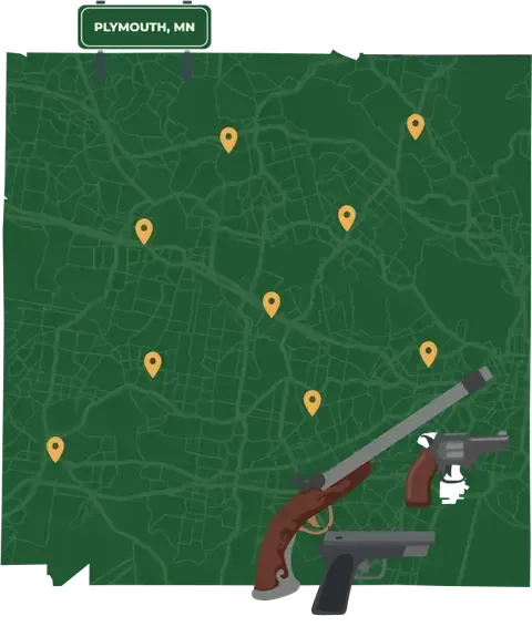 Picture of Plymouth, Minnesota City Map with Plymouth sign on it and places that we buy guns from.