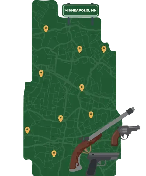 Picture of Minneapolis, Minnesota City Map with Minneapolis sign on it and places that we buy guns from.
