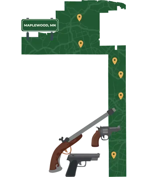 Picture of Maplewood, Minnesota City Map with Maplewood sign on it and places that we buy guns from.
