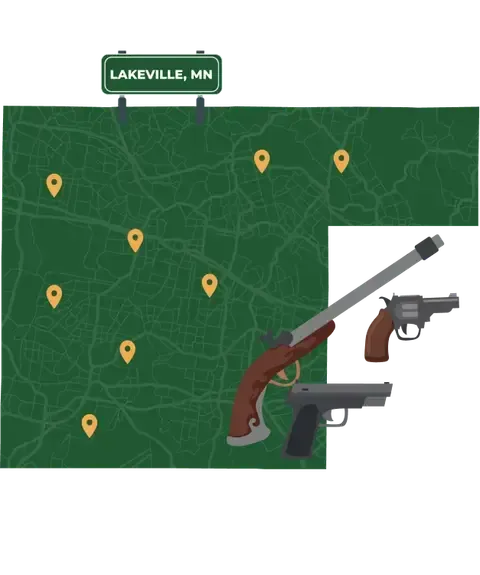 Picture of Lakeville, Minnesota City Map with Lakeville sign on it and places that we buy guns from.