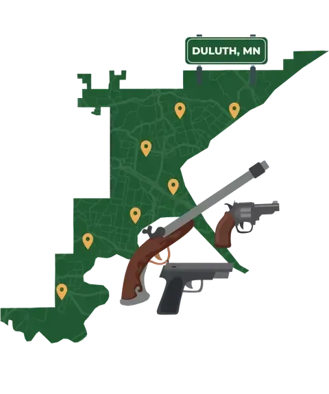 Picture of Duluth, Minnesota City Map with Duluth sign on it and places that we buy guns from.