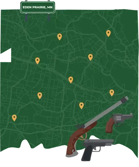 Picture of Eden Prairie, Minnesota City Map with Eden Prairie sign on it and places that we buy guns from.