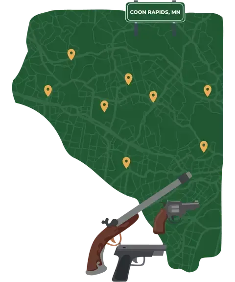 Picture of Coon Rapids, Minnesota City Map with Coon Rapids sign on it and places that we buy guns from.