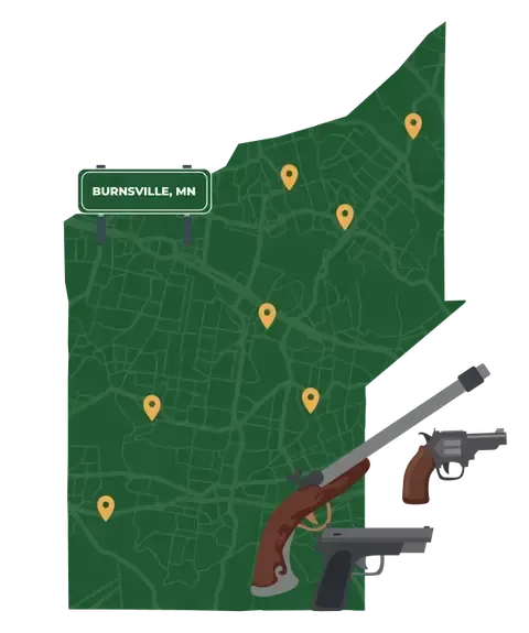 Picture of Burnsville, Minnesota City Map with Burnsville sign on it and places that we buy guns from.