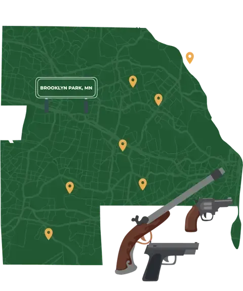 Picture of Brooklyn Park, Minnesota City Map with Brooklyn Park sign on it and places that we buy guns from.