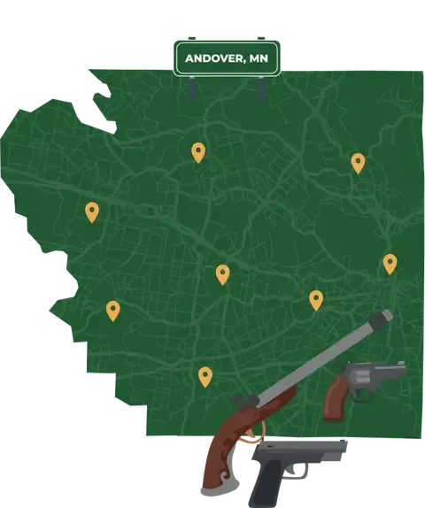 Picture of Andover, Minnesota City Map with Andover sign on it and places that we buy guns from.