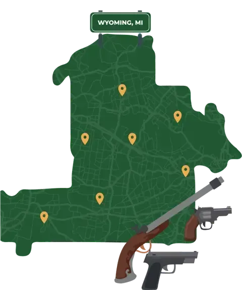 Picture of Wyoming, Michigan City Map with Wyoming sign on it and places that we buy guns from.